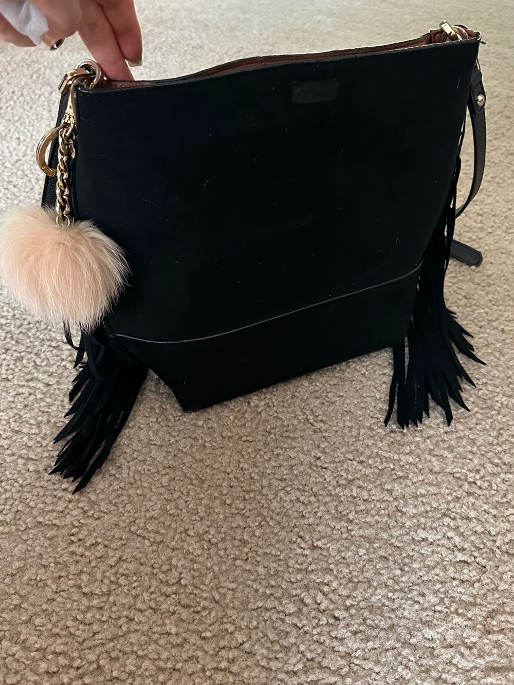 Black Fringe Suede Shoulder Bag with Pom Pom Charm